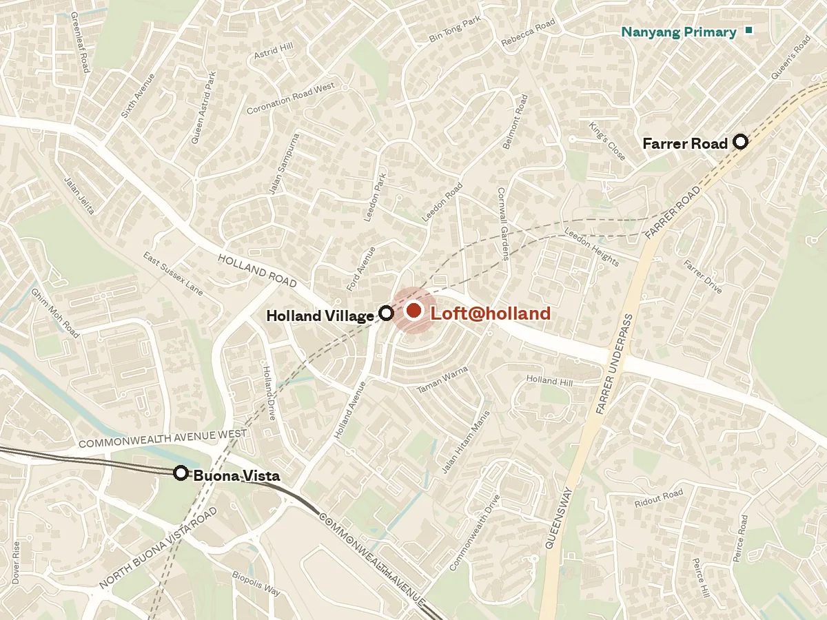 Map of the area around Loft@holland, with nearby MRT stations and primary schools