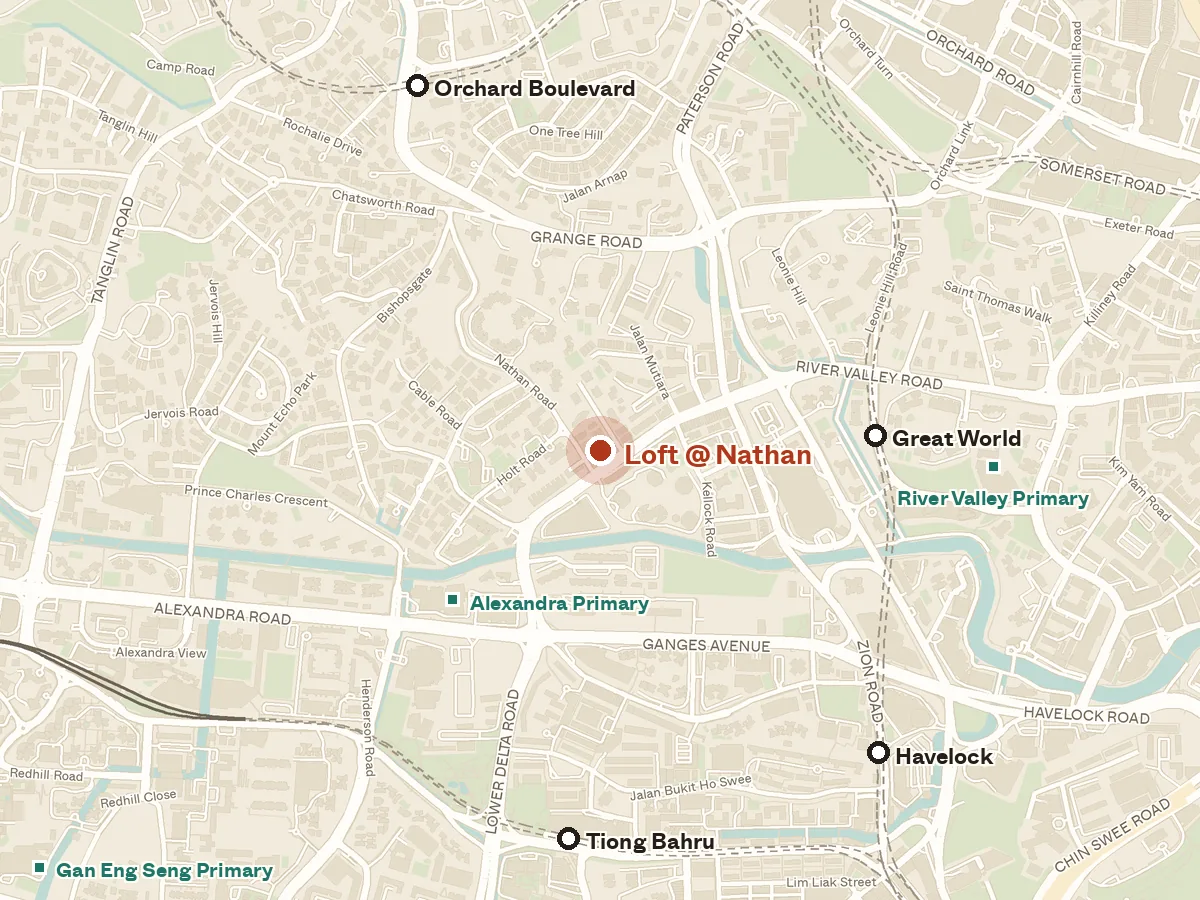 Map of the area around Loft @ Nathan, with nearby MRT stations and primary schools