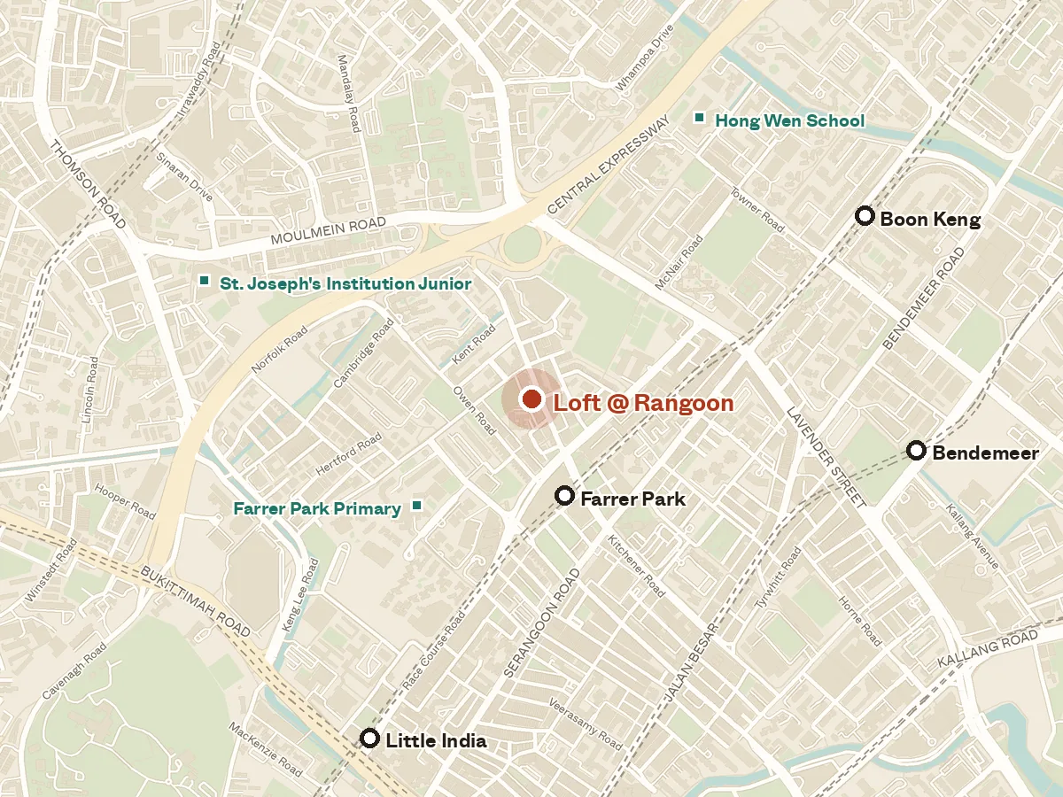 Map of the area around Loft @ Rangoon, with nearby MRT stations and primary schools