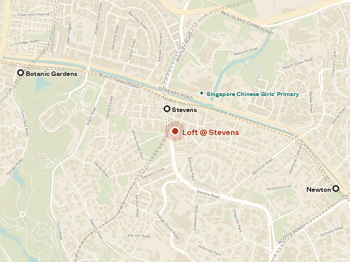 Map of the area around Loft @ Stevens, with nearby MRT stations and primary schools