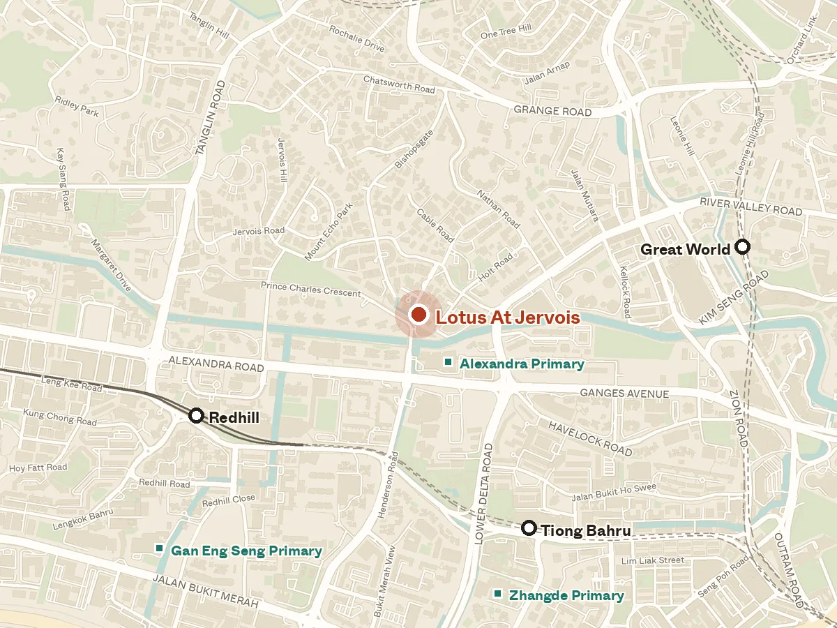 Map of the area around Lotus at Jervois, with nearby MRT stations and primary schools