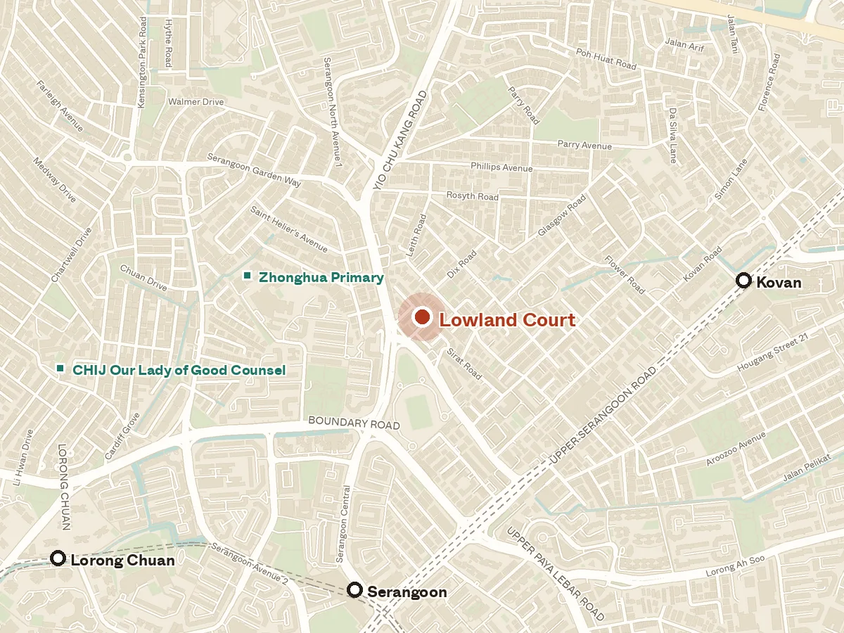 Map of the area around Lowland Court, with nearby MRT stations and primary schools