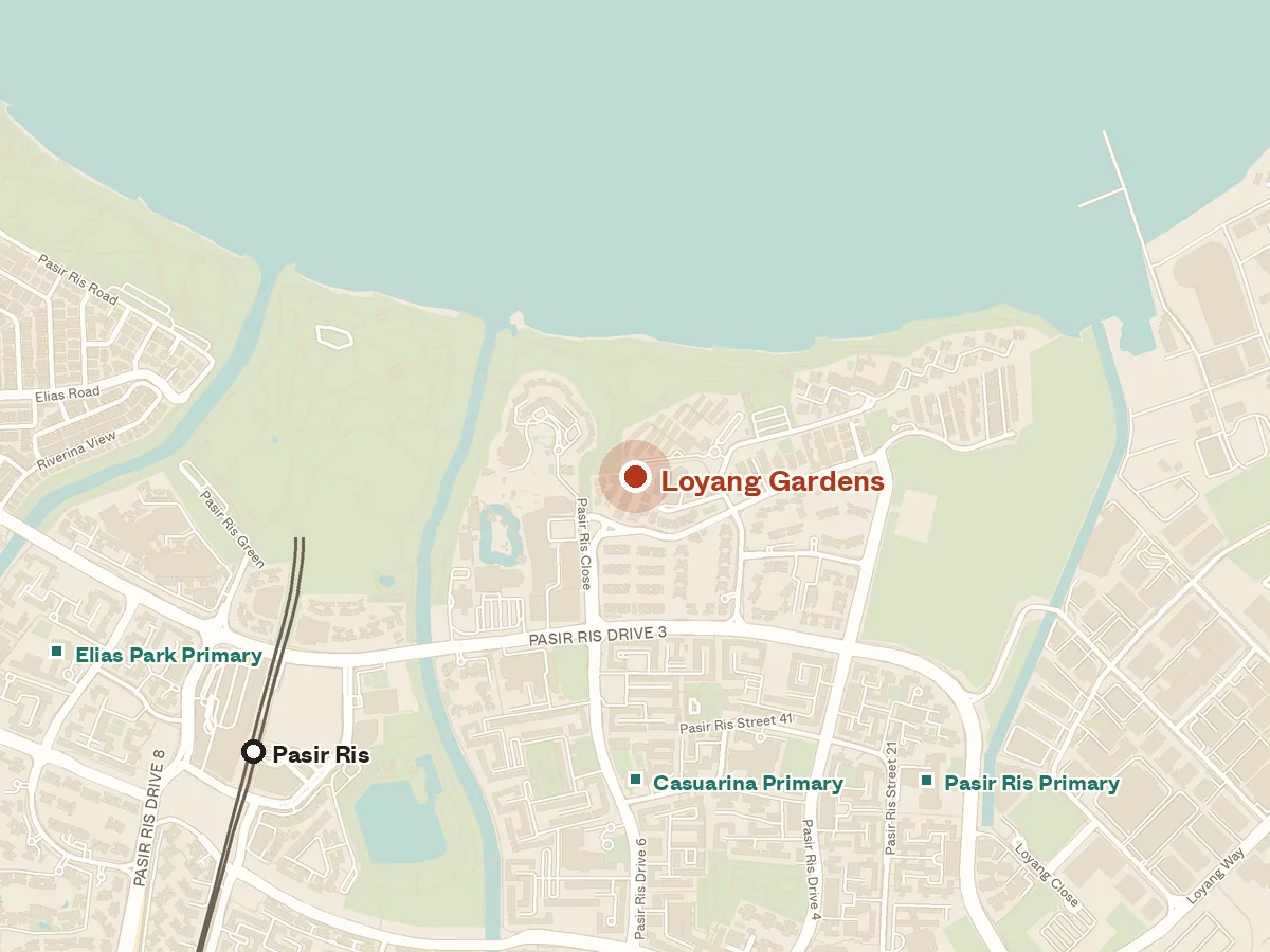 Map of the area around Loyang Gardens, with nearby MRT stations and primary schools