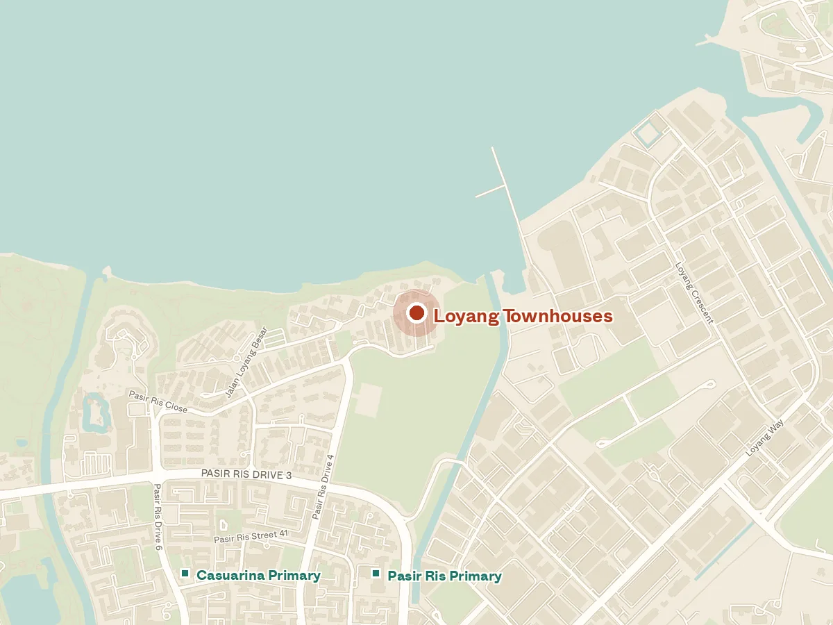 Map of the area around Loyang Townhouses, with nearby MRT stations and primary schools