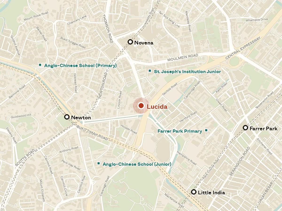 Map of the area around Lucida, with nearby MRT stations and primary schools