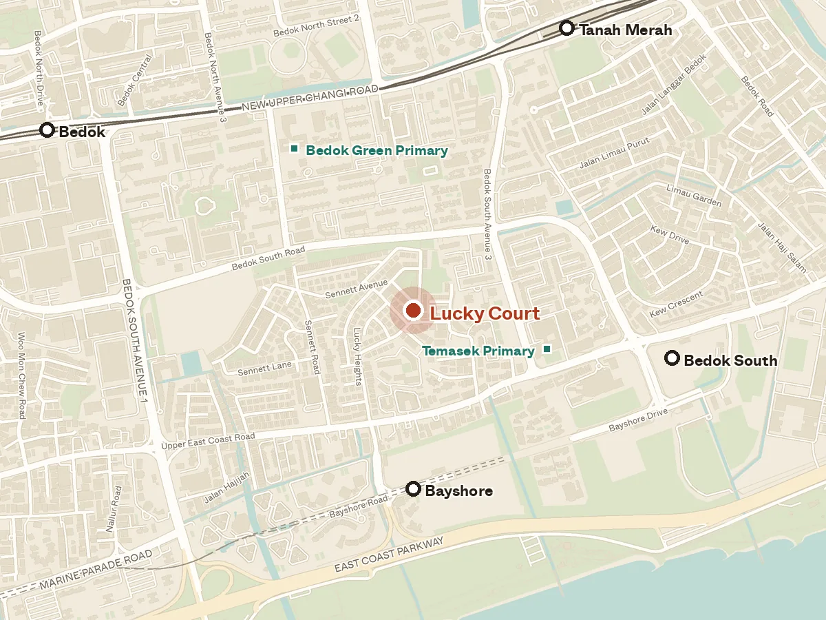 Map of the area around Lucky Court, with nearby MRT stations and primary schools
