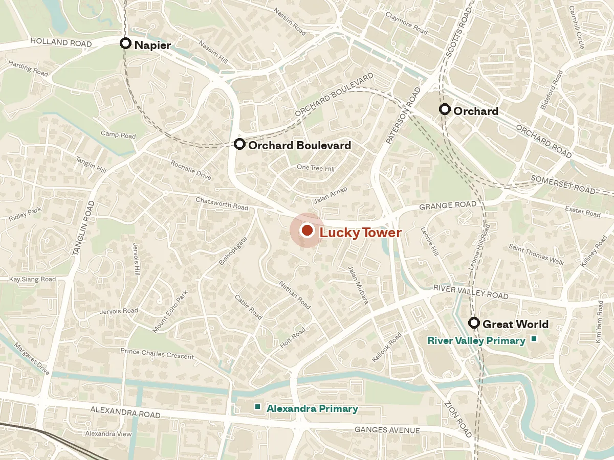 Map of the area around Lucky Tower, with nearby MRT stations and primary schools
