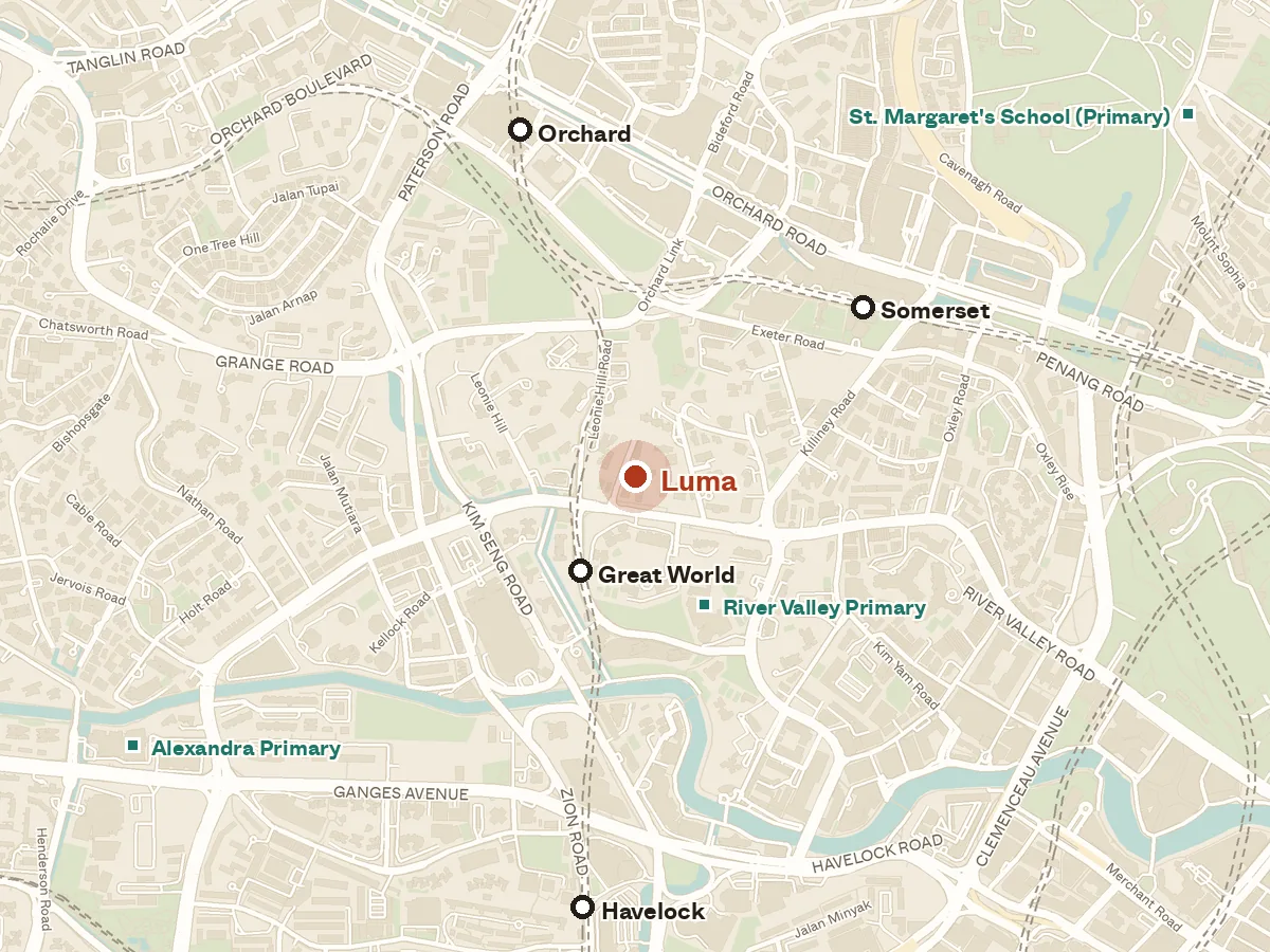 Map of the area around Luma, with nearby MRT stations and primary schools