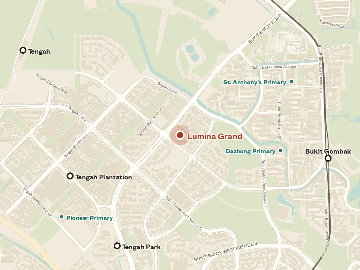 Map of the area around Lumina Grand, with nearby MRT stations and primary schools