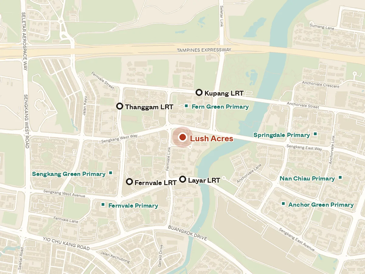 Map of the area around Lush Acres, with nearby MRT stations and primary schools