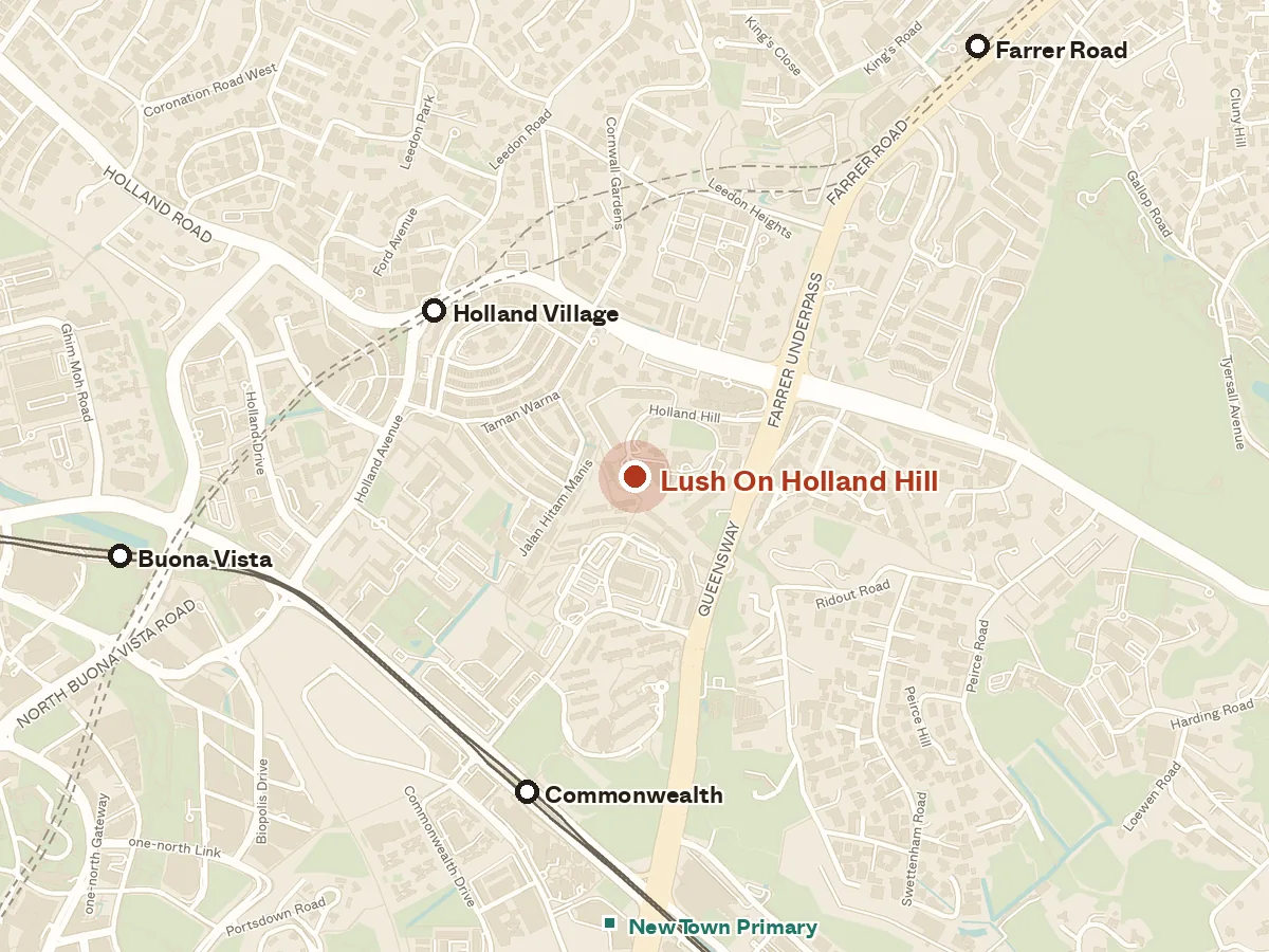 Map of the area around Lush On Holland Hill, with nearby MRT stations and primary schools