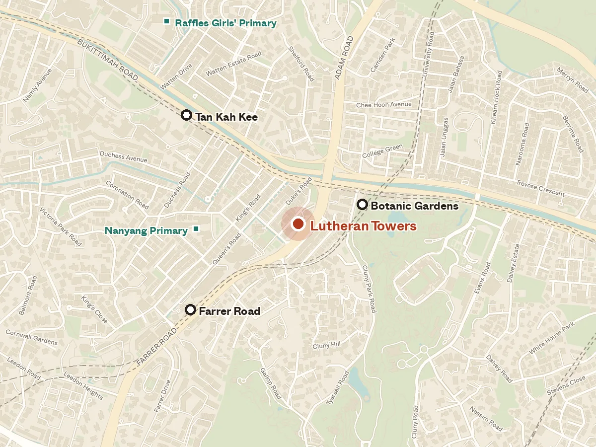 Map of the area around Lutheran Towers, with nearby MRT stations and primary schools