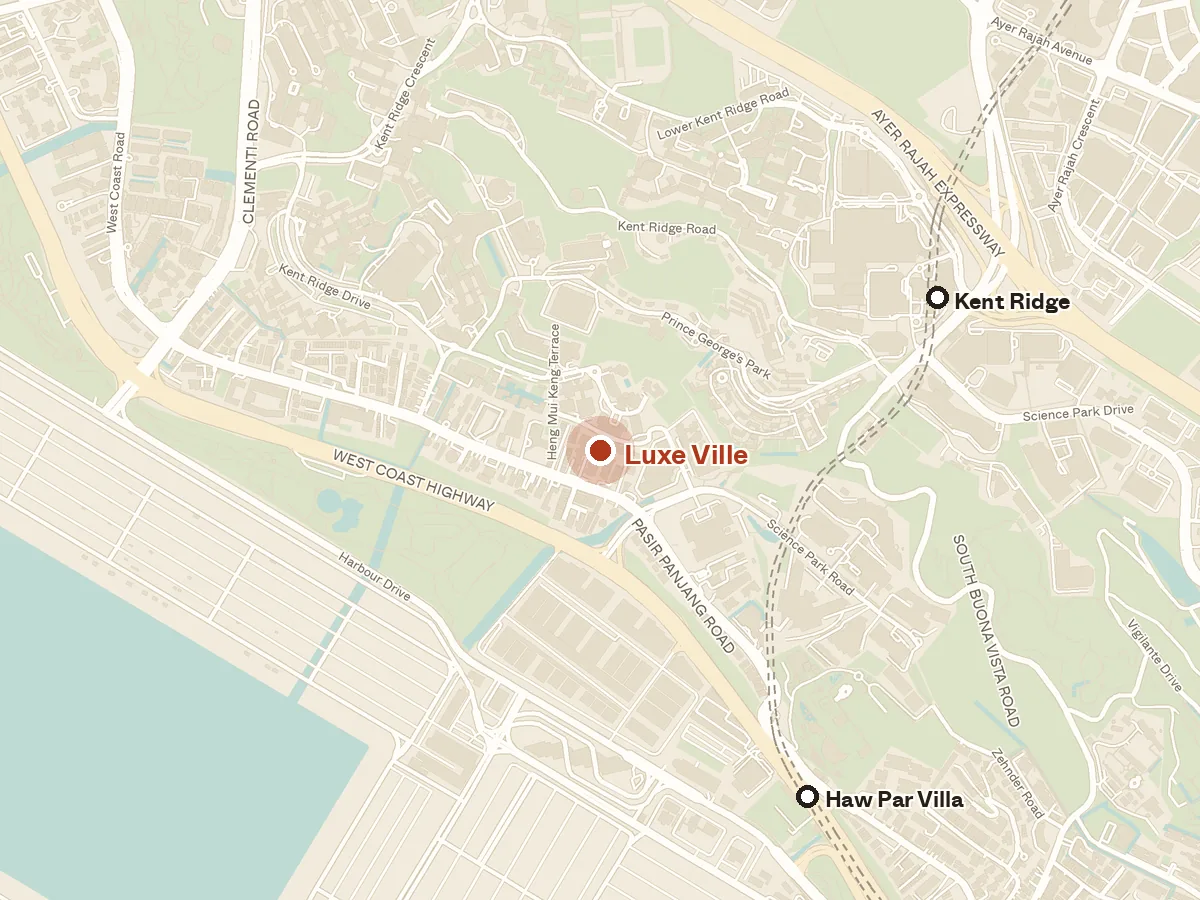Map of the area around Luxe Ville, with nearby MRT stations and primary schools