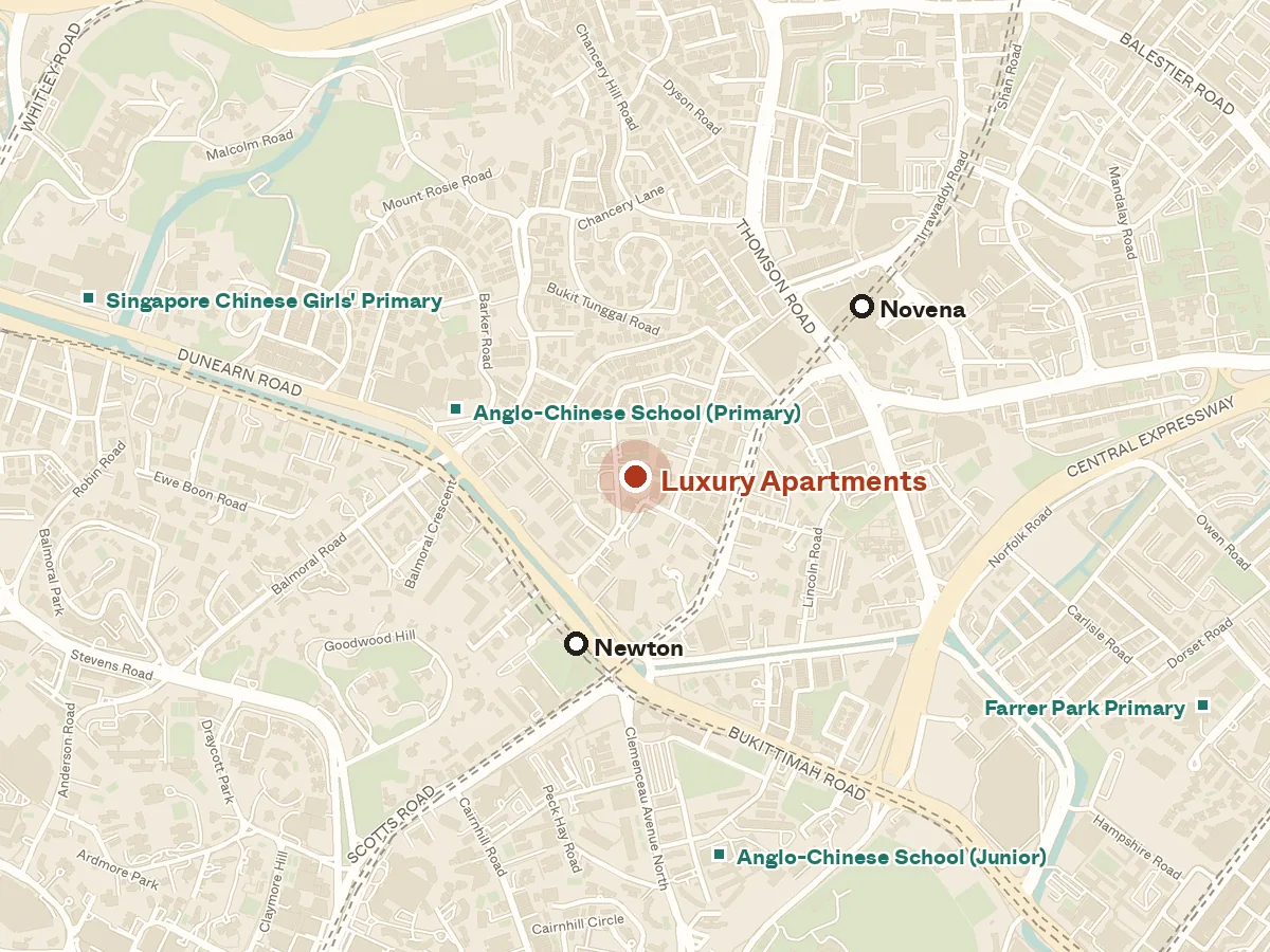 Map of the area around Luxury Apartments, with nearby MRT stations and primary schools