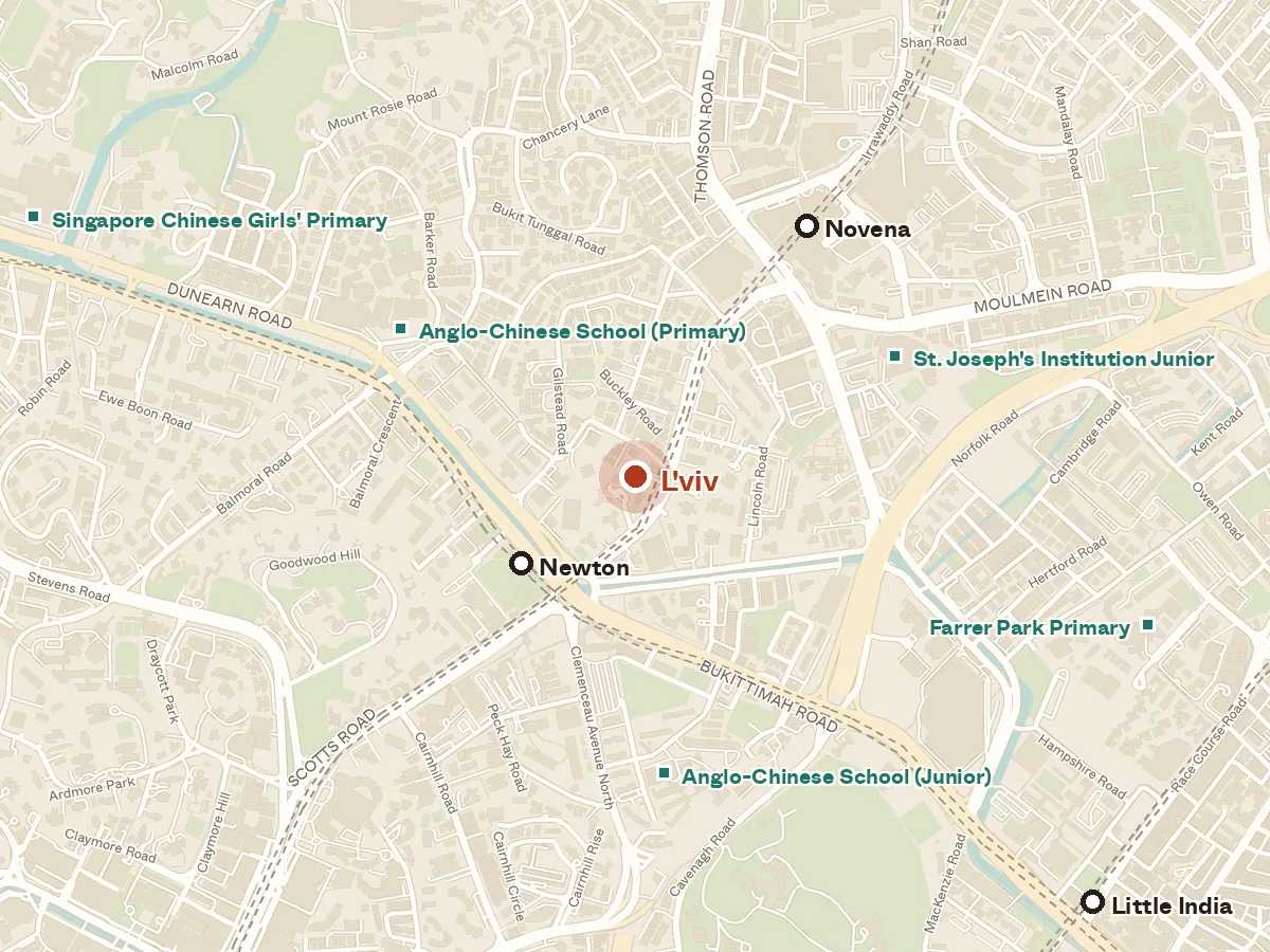 Map of the area around L'viv, with nearby MRT stations and primary schools