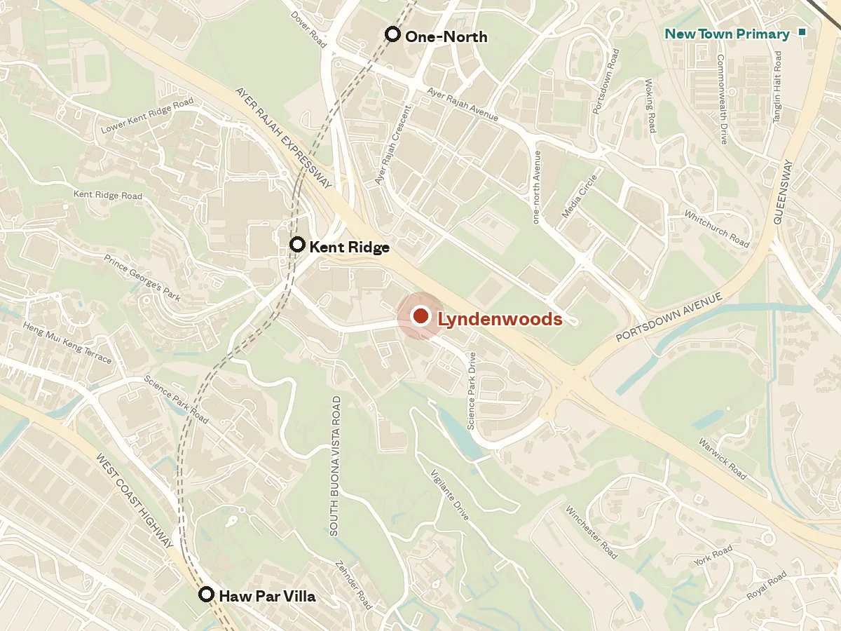 Map of the area around Lyndenwoods, with nearby MRT stations and primary schools