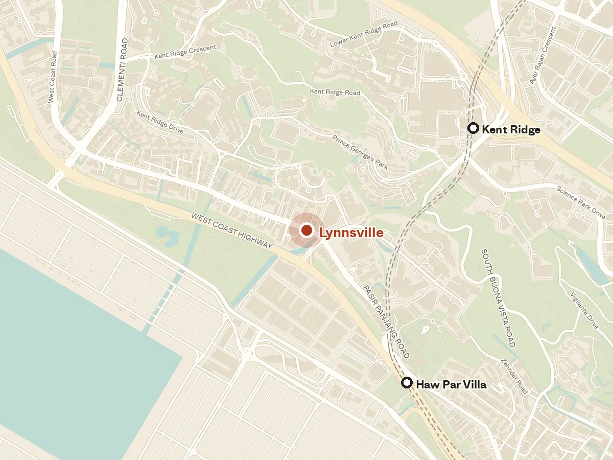 Map of the area around Lynnsville, with nearby MRT stations and primary schools