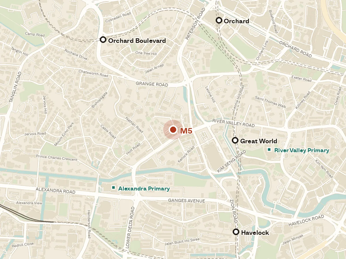 Map of the area around M5, with nearby MRT stations and primary schools