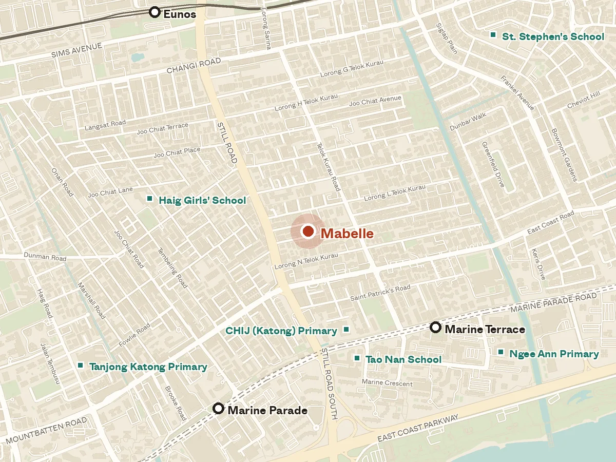Map of the area around Mabelle, with nearby MRT stations and primary schools
