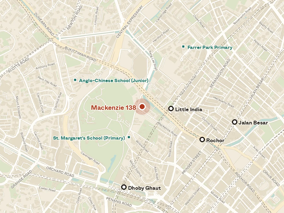 Map of the area around Mackenzie 138, with nearby MRT stations and primary schools