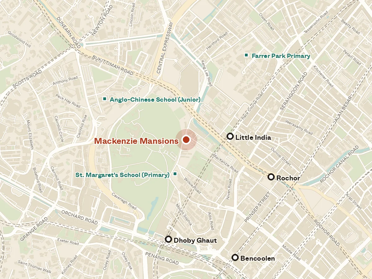 Map of the area around Mackenzie Mansions, with nearby MRT stations and primary schools