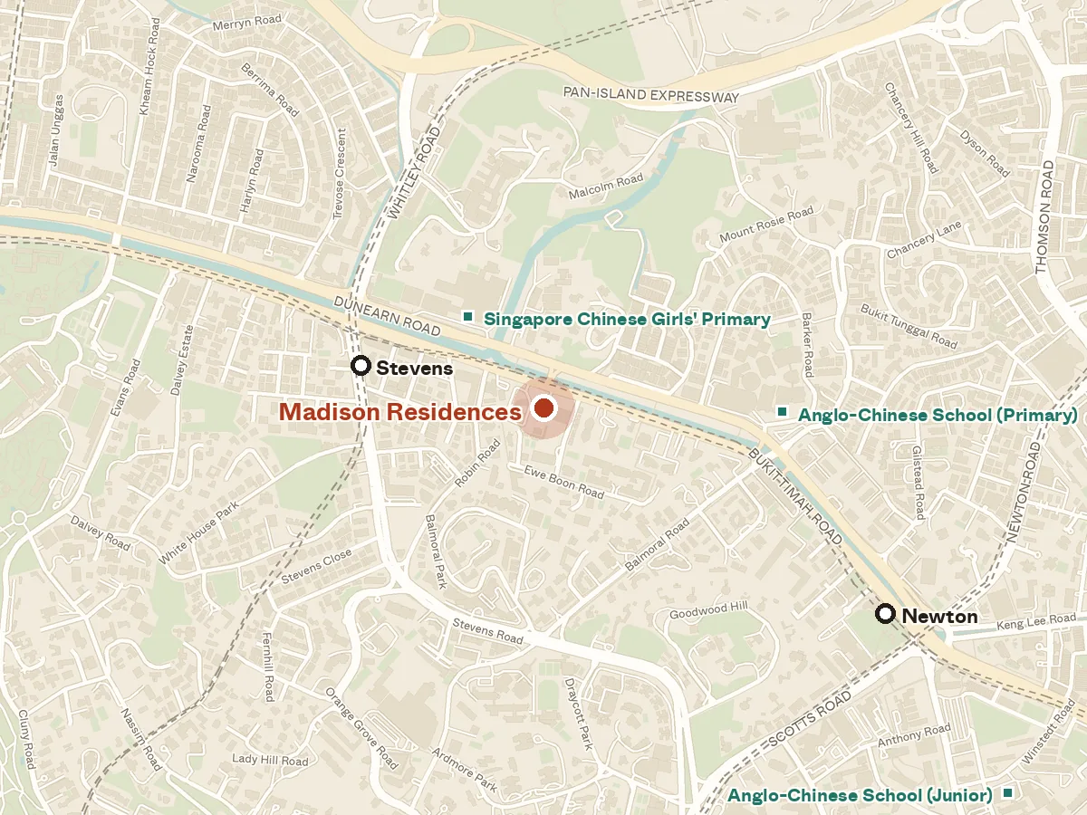 Map of the area around Madison Residences, with nearby MRT stations and primary schools