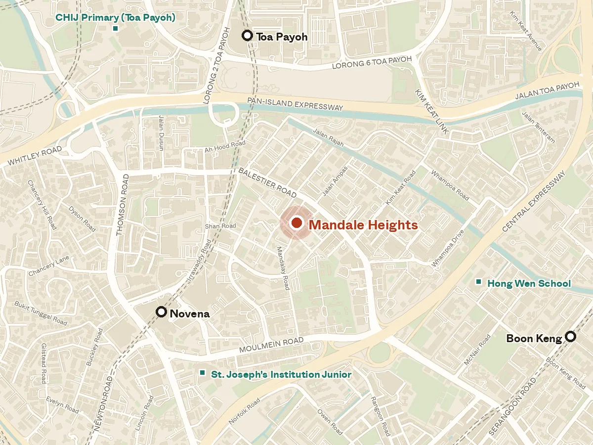 Map of the area around Mandale Heights, with nearby MRT stations and primary schools