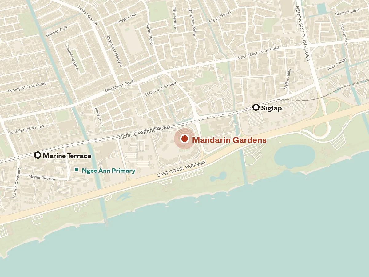 Map of the area around Mandarin Gardens, with nearby MRT stations and primary schools