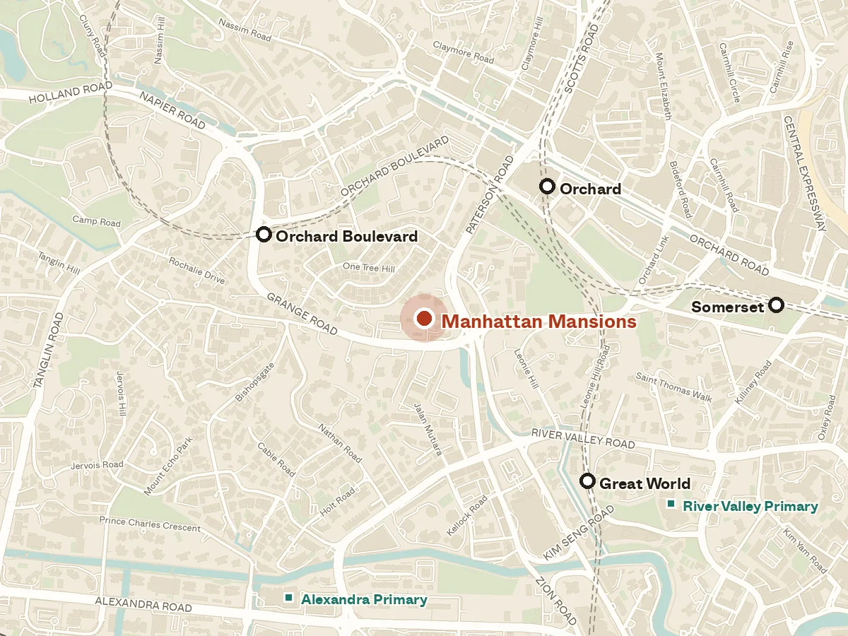 Map of the area around Manhattan Mansions, with nearby MRT stations and primary schools
