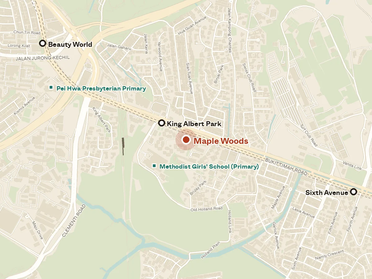 Map of the area around Maple Woods, with nearby MRT stations and primary schools