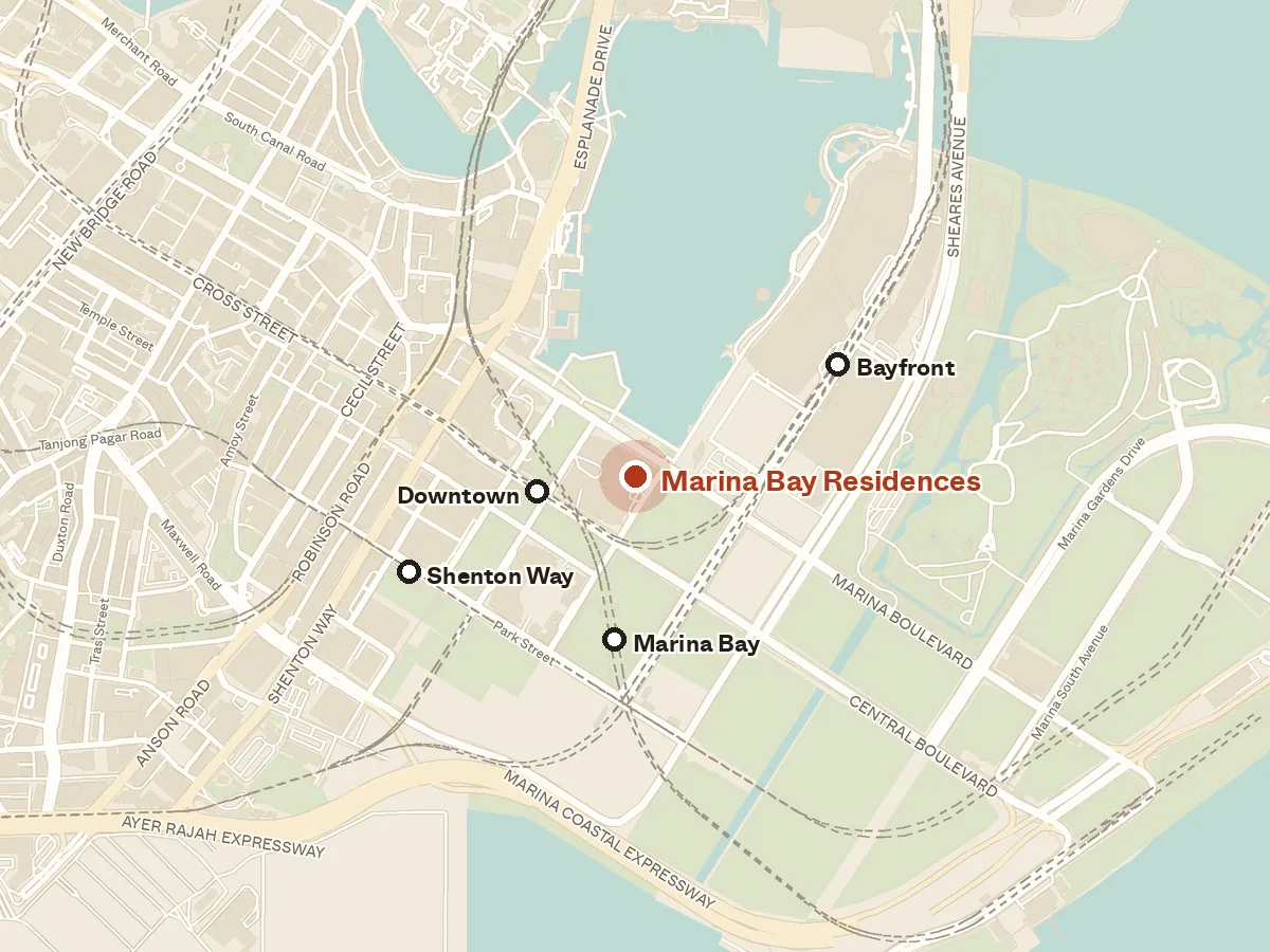 Map of the area around Marina Bay Residences, with nearby MRT stations and primary schools