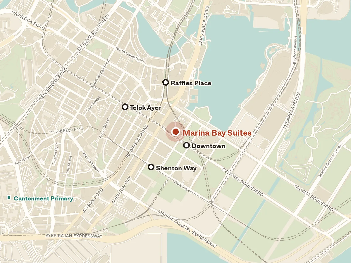 Map of the area around Marina Bay Suites, with nearby MRT stations and primary schools