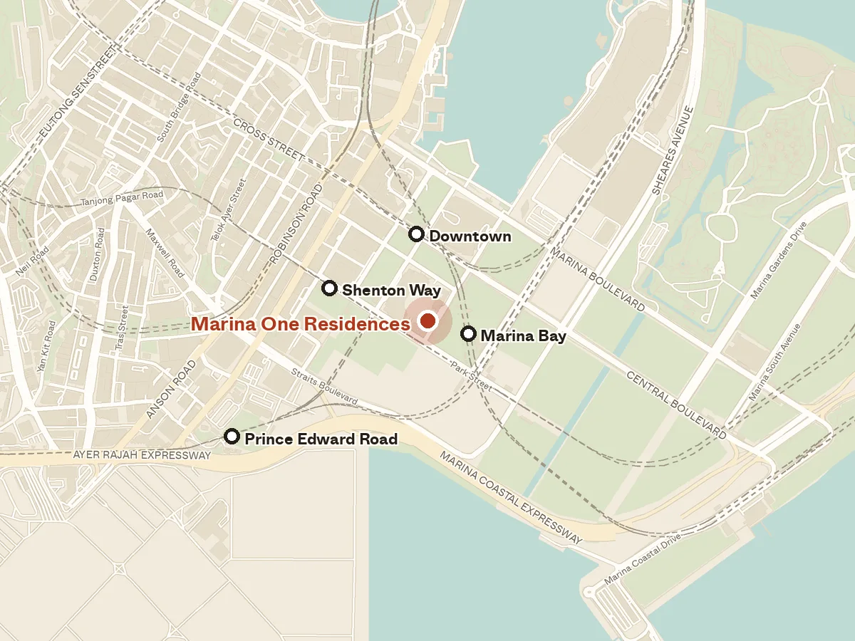 Map of the area around Marina One Residences, with nearby MRT stations and primary schools