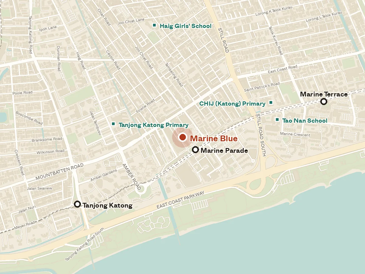 Map of the area around Marine Blue, with nearby MRT stations and primary schools