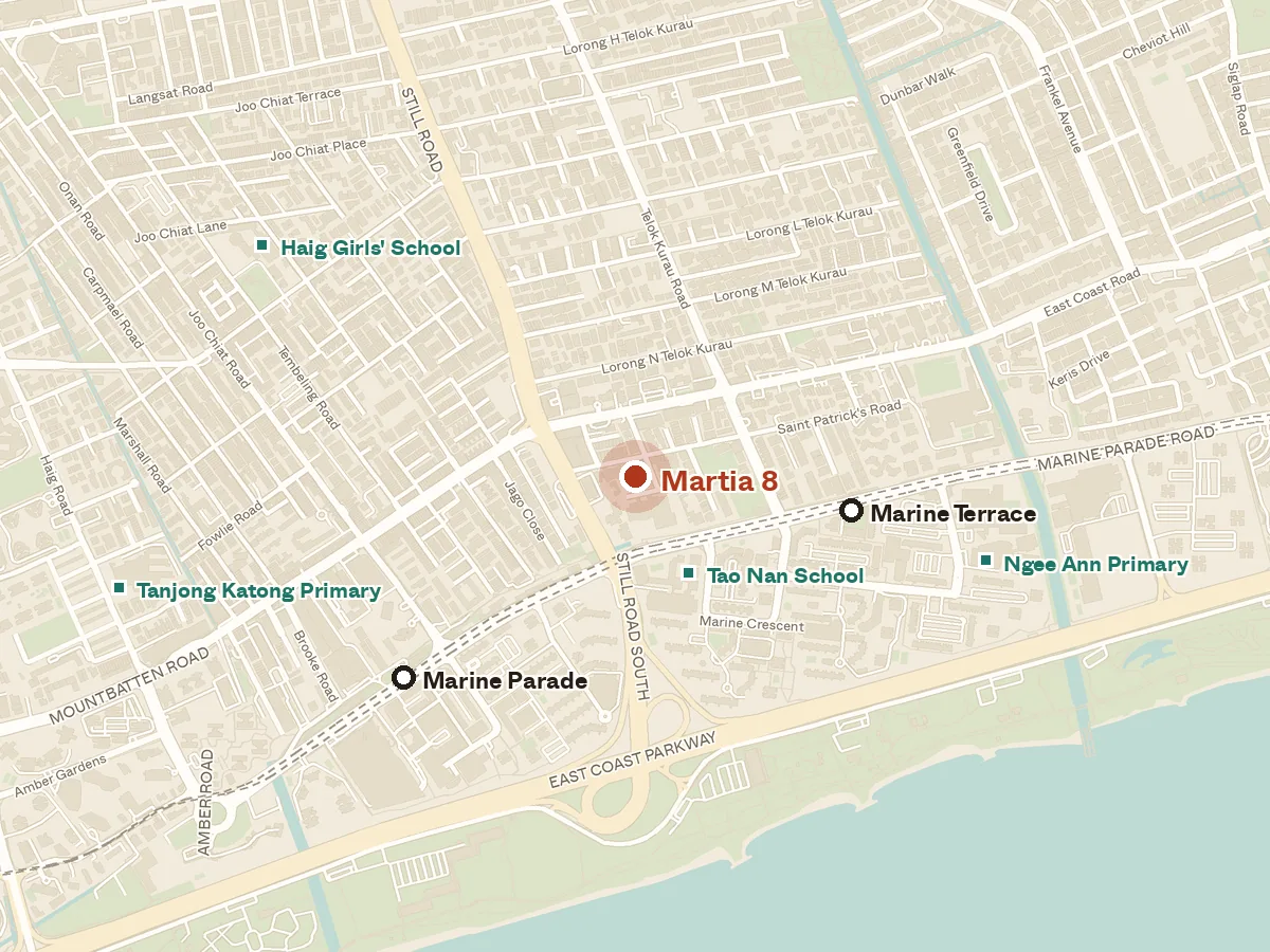Map of the area around Martia 8, with nearby MRT stations and primary schools