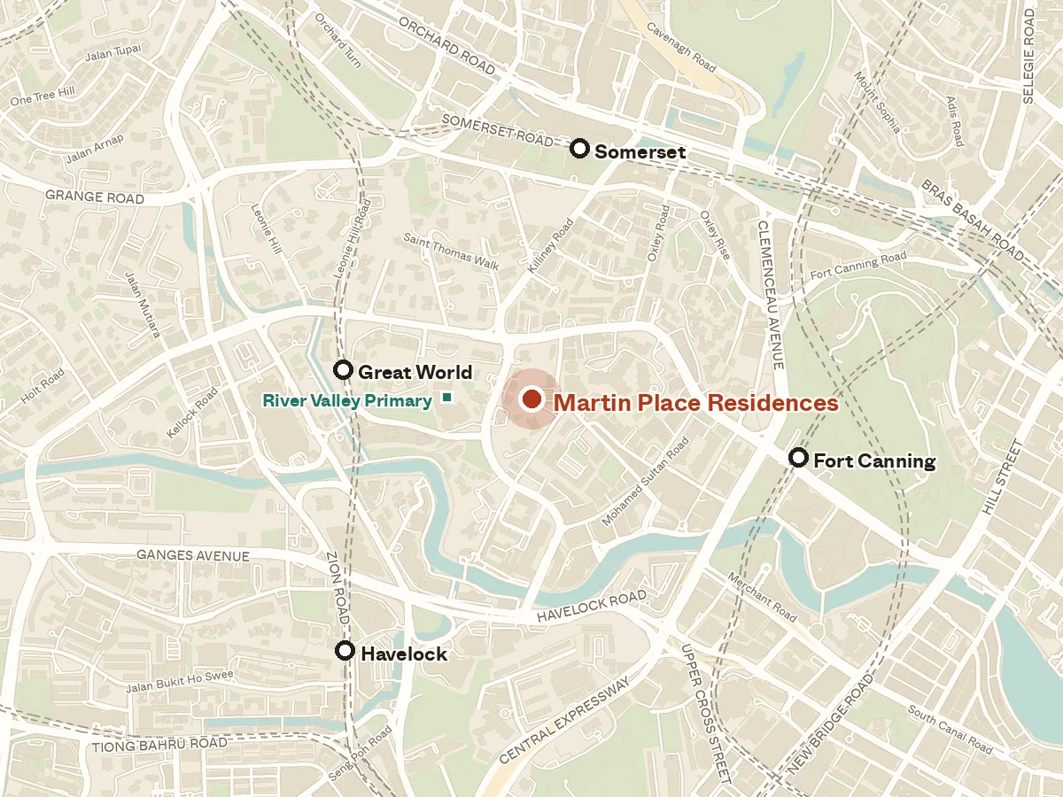 Map of the area around Martin Place Residences, with nearby MRT stations and primary schools
