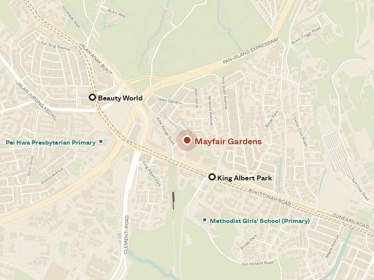 Map of the area around Mayfair Gardens, with nearby MRT stations and primary schools