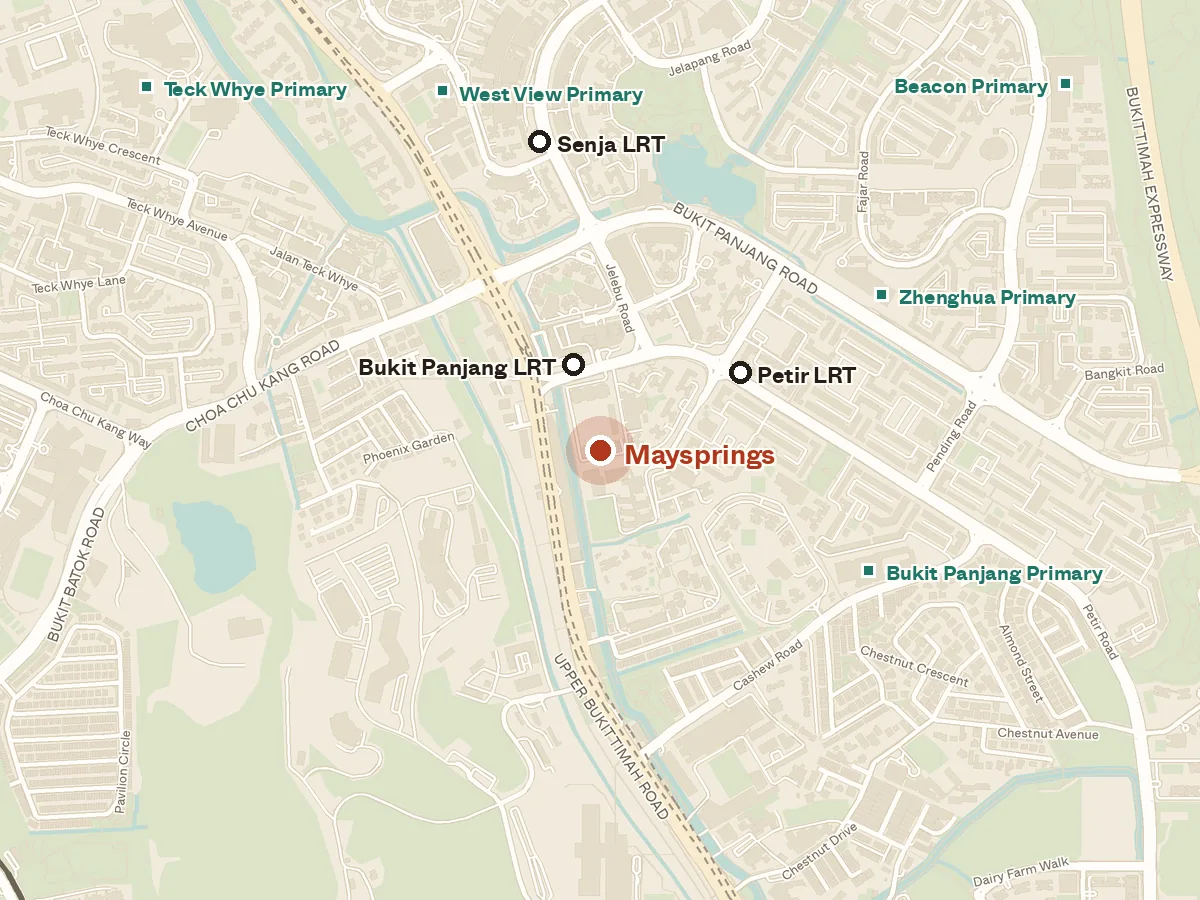 Map of the area around Maysprings, with nearby MRT stations and primary schools