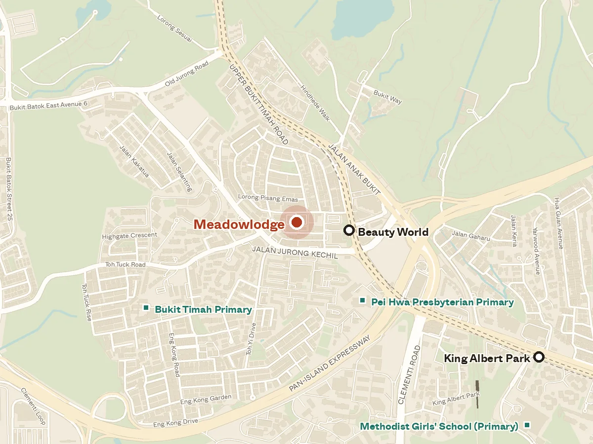 Map of the area around Meadowlodge, with nearby MRT stations and primary schools