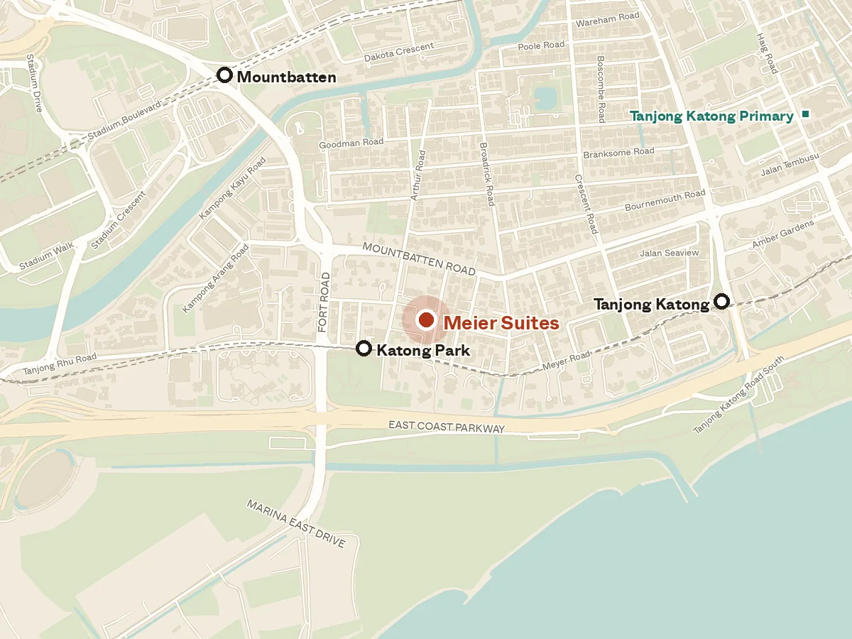 Map of the area around Meier Suites, with nearby MRT stations and primary schools