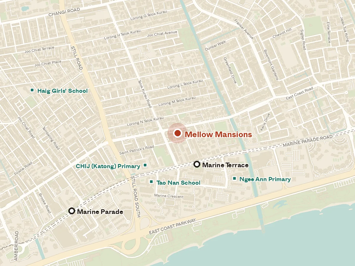 Map of the area around Mellow Mansions, with nearby MRT stations and primary schools