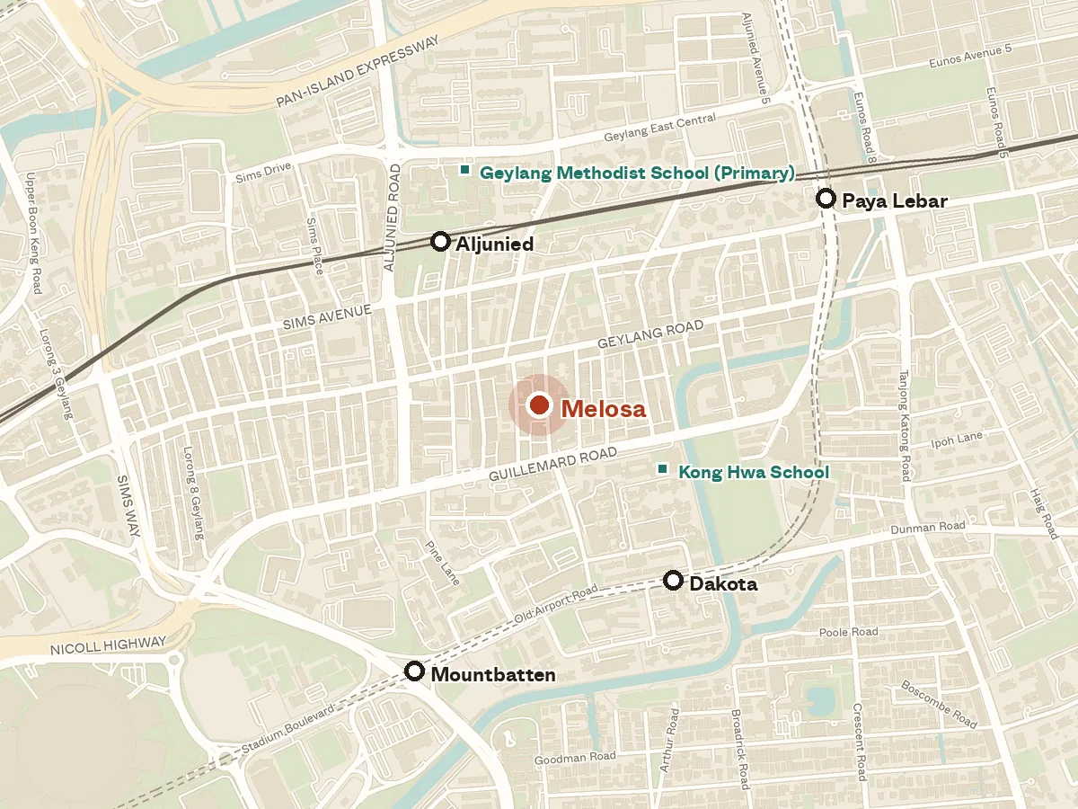 Map of the area around Melosa, with nearby MRT stations and primary schools