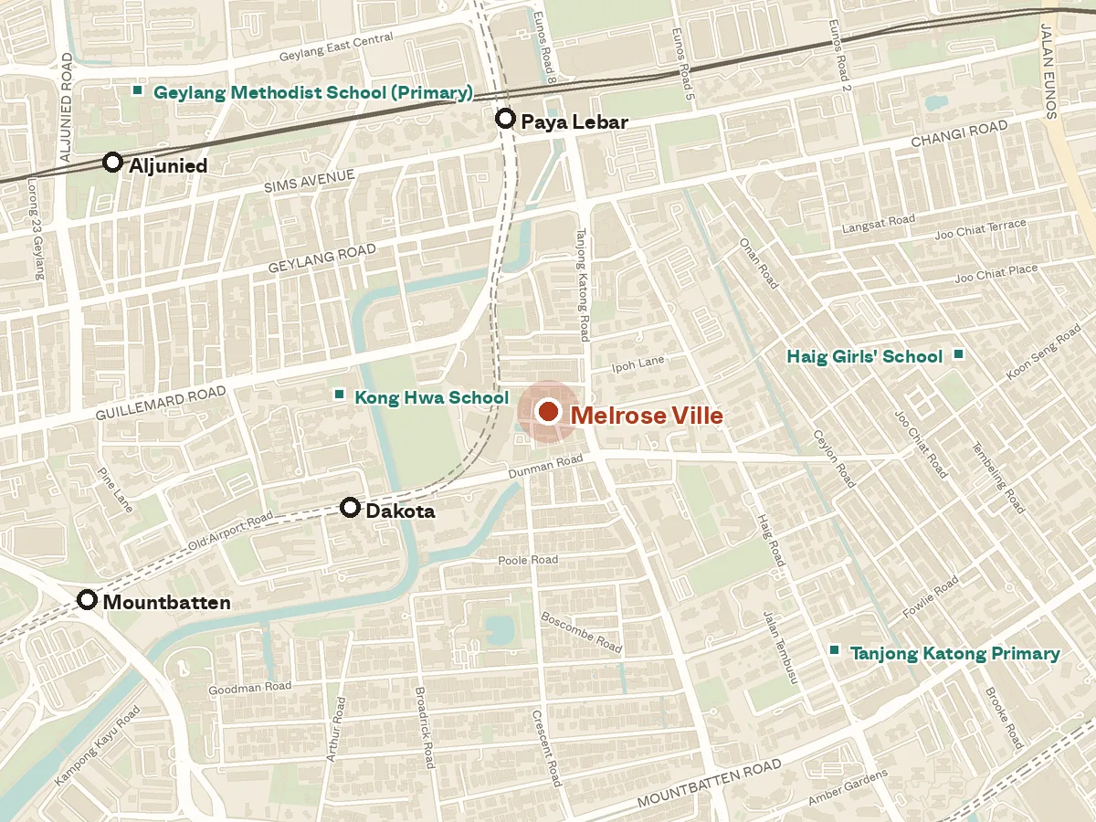 Map of the area around Melrose Ville, with nearby MRT stations and primary schools