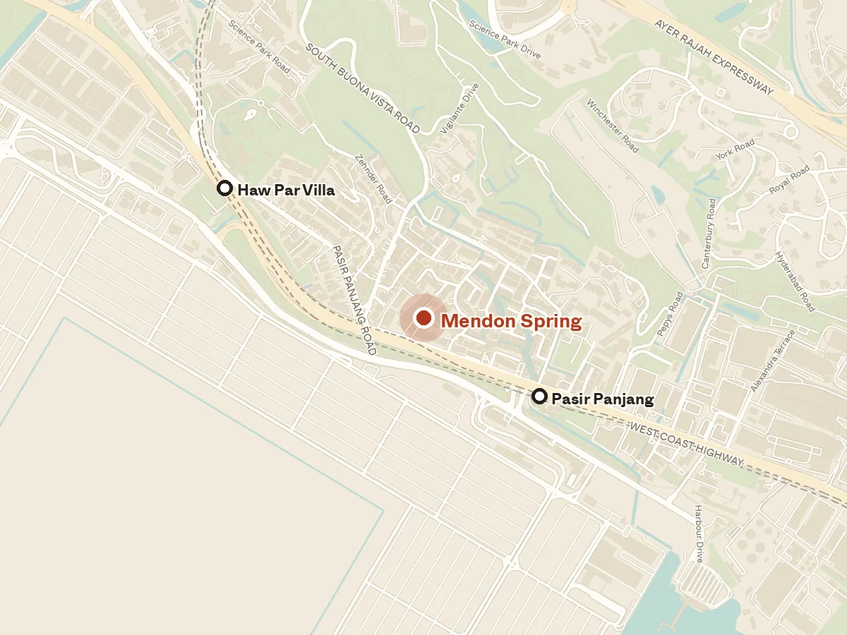 Map of the area around Mendon Spring, with nearby MRT stations and primary schools