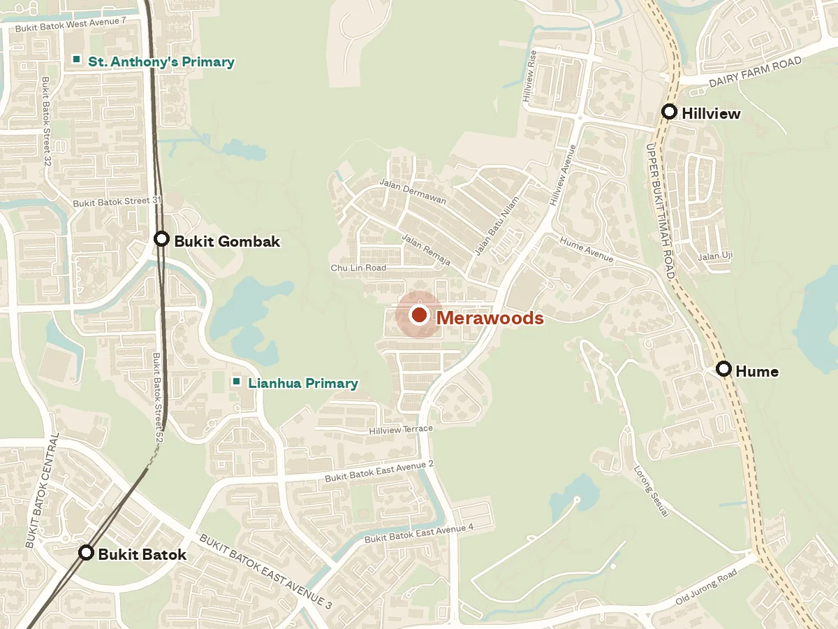 Map of the area around Merawoods, with nearby MRT stations and primary schools