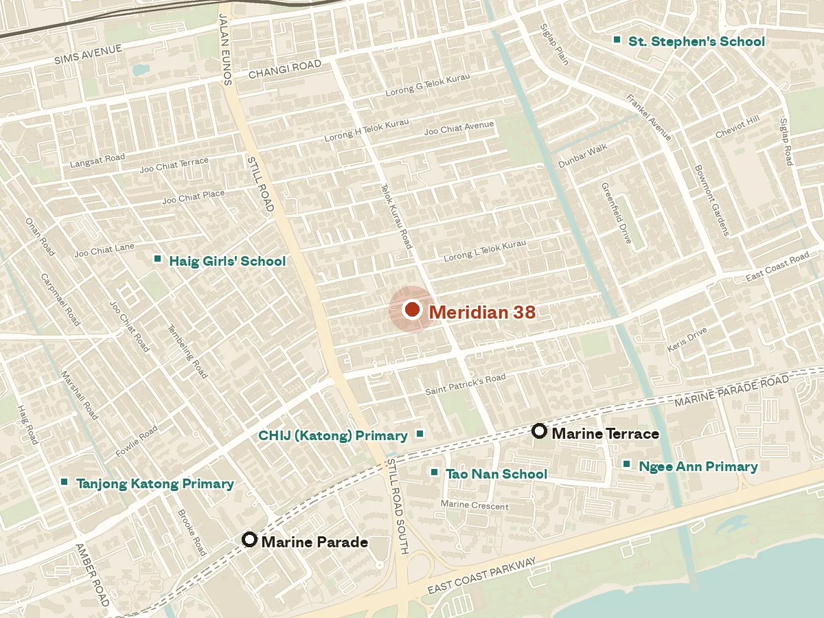 Map of the area around Meridian 38, with nearby MRT stations and primary schools