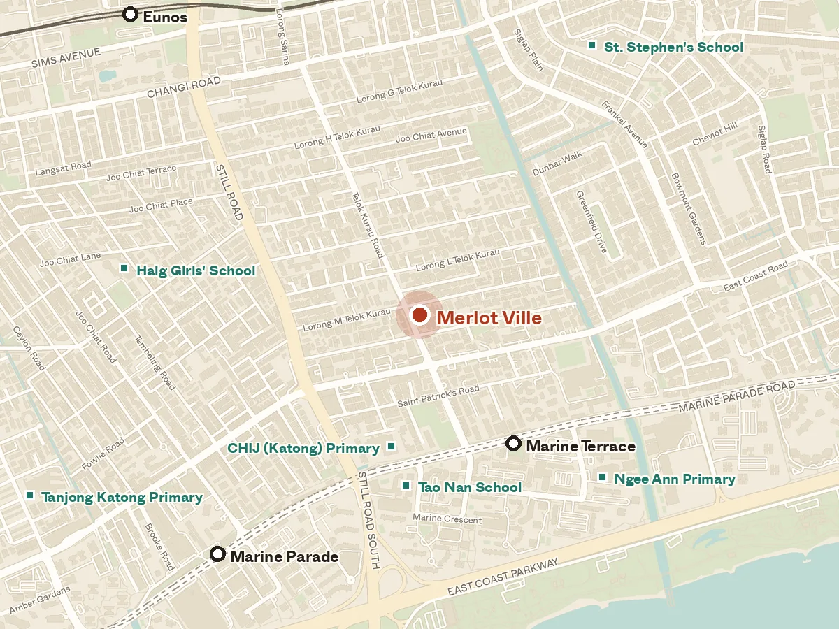 Map of the area around Merlot Ville, with nearby MRT stations and primary schools
