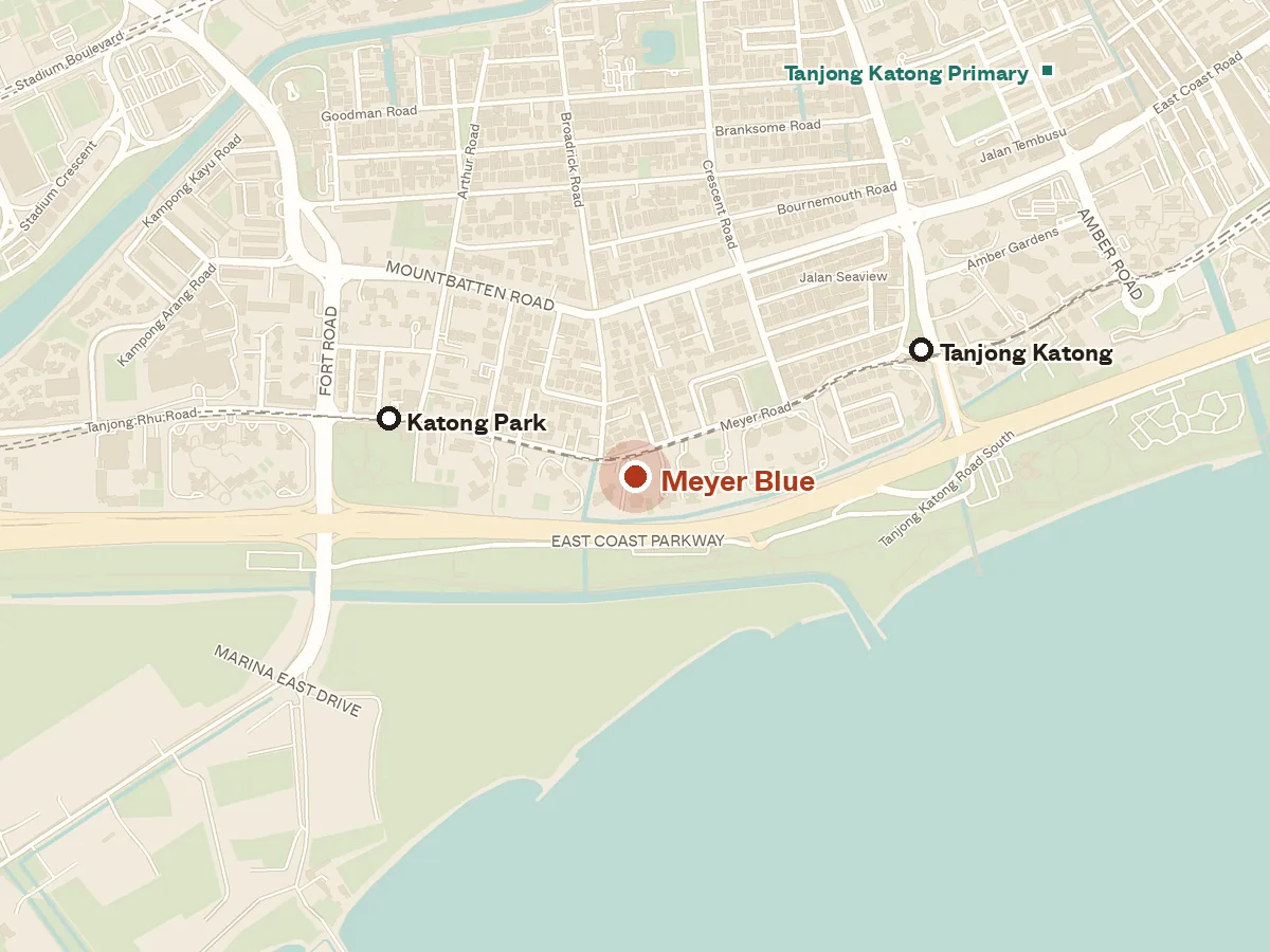 Map of the area around Meyer Blue, with nearby MRT stations and primary schools