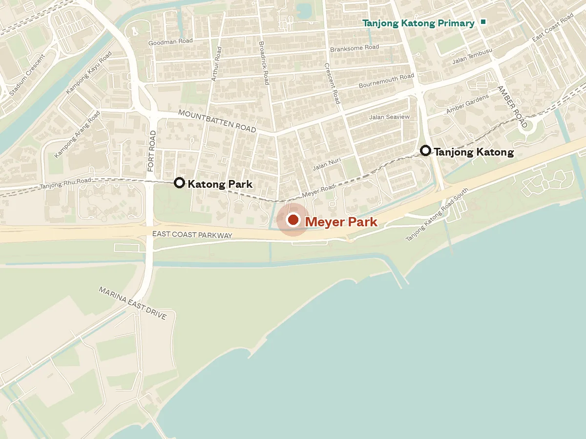 Map of the area around Meyer Park, with nearby MRT stations and primary schools