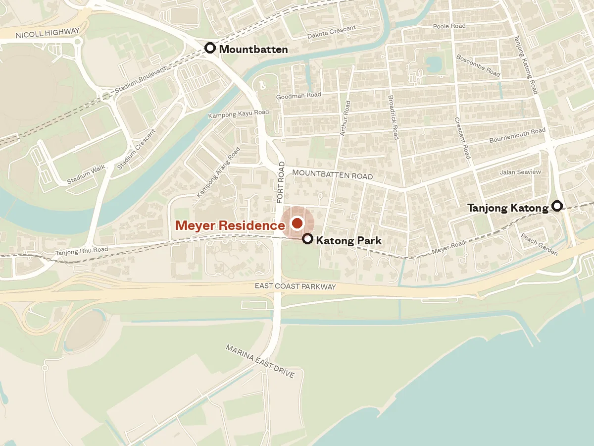 Map of the area around Meyer Residence, with nearby MRT stations and primary schools